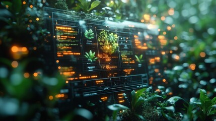 Poster - In a vibrant green setting, a holographic interface is actively displaying health tracking information, showcasing data amidst plants.
