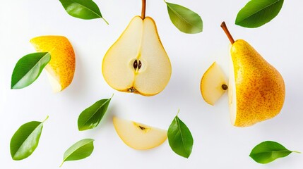 Poster - A pear with leaves on a white background