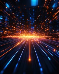 Fototapete - Abstract digital background with neon lights and particles. Futuristic technology or sci-fi theme with vibrant glowing colors.