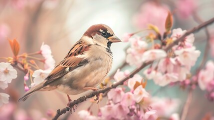 Poster - A sparrow perched on a branch surrounded by blooming cherry blossoms, creating a serene spring scene.