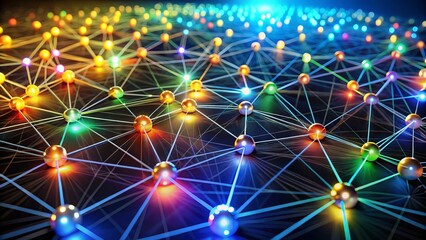 Diverse group of connected nodes form a vibrant, illuminated network, symbolizing unity, cooperation, and exchange of ideas within a dynamic, supportive community structure.