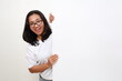© pakWw - Portrait of young nice attractive lovely pretty glad excited cheerful cheery positive woman demonstrating copy space board ad isolated over white background