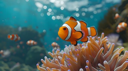 Wall Mural - A vibrant underwater scene featuring a clownfish swimming among coral.