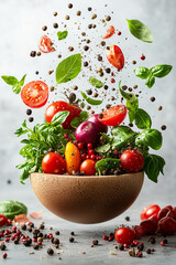 Wall Mural - Levitation herbs, vegetables and spices isolated on white background