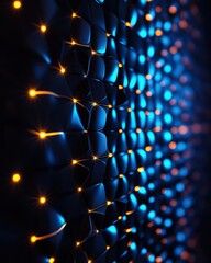 Fototapete - Abstract blue and orange illuminated geometric pattern with glowing lights. Perfect for technology or futuristic themed designs.