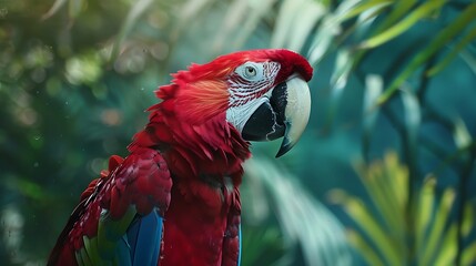 Poster - A vibrant red macaw perched amidst lush greenery, showcasing its colorful feathers and tropical habitat.