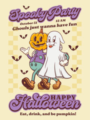 Wall Mural - halloween groovy pumpkin and ghost retro characters poster. cartoon spooky personage banner. vector 