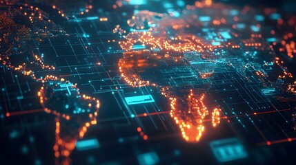 A global map with blockchain data paths and AI data analytics highlighted