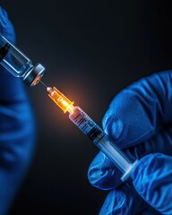 Close-up of a medical professional preparing a vaccine with a syringe, highlighting healthcare and immunization.