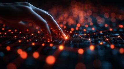 Poster - A hand reaches out to a holographic interface, exploring interconnected pathways highlighted by glowing nodes, evoking a sense of digital exploration.