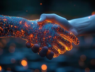 Wall Mural - futuristic handshake between human and holographic hand glowing circuit patterns and data streams symbolize the merging of technology and humanity in a digital landscape