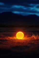 A glowing sphere illuminates a dark landscape with mountains in the background, capturing a surreal and mystical atmosphere.