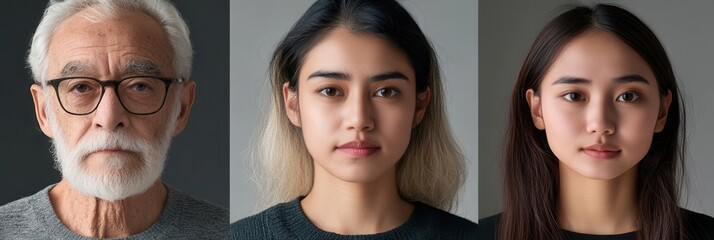 Poster - Three portraits highlight the diverse faces of different generations, each with unique expressions against a neutral backdrop, reflecting their individuality and emotions. Generative AI