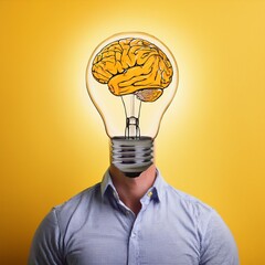 Light bulb with brain on yellow background, concept of ideas, creativity and innovation, Generative AI