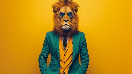 Sticker - A person in a suit with a lion head and sunglasses against a yellow background.