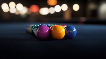 a row of colorful billiard balls on a dark green felt table