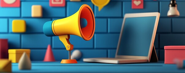 A yellow megaphone sits on a blue table next to a laptop.