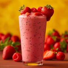 Wall Mural - A refreshing pink smoothie topped with strawberries, surrounded by fresh berries.