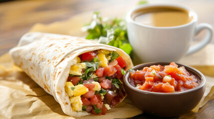 Delicious Breakfast Burrito: A mouthwatering close-up of a breakfast burrito filled with scrambled eggs, salsa, and fresh cilantro, served with corn salsa and pico de gallo.