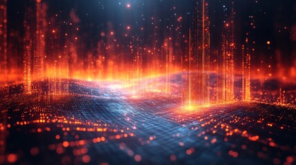Poster - A holographic interface displays intricate data distribution patterns amidst glowing waves in a mesmerizing digital landscape.
