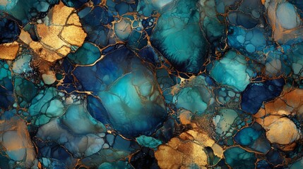 Turquoise and amber inks swirl together creating a mesmerizing pattern of organic shapes and textures in this abstract art piece