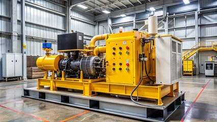 Industrial diesel generator set with control panel and electrical connections, surrounded by wires and metal framework, ready to provide backup power in emergency situations.