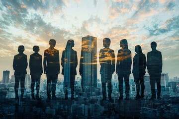 People standing in city skyline double exposure created with Generative AI