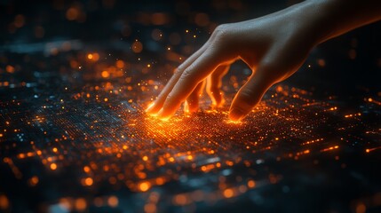 Poster - A hand interacts with a holographic interface, causing vibrant effects in a digital environment that highlights advanced technology and interactivity.
