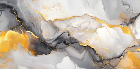 Wall Mural - Close-up of an abstract painting with swirls of black, white, and gold resembling marble patterns