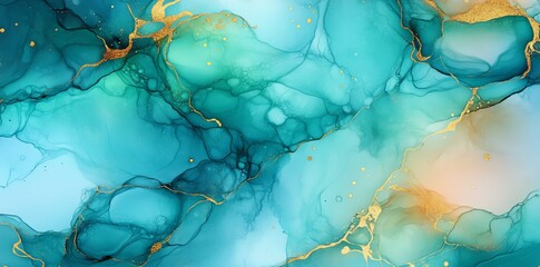 Wall Mural - The colors blend and flow to create a mesmerizing and organic pattern as they swirl together in an abstract image with swirls of teal, gold, and grey ink.