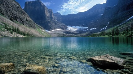 Tranquil Mountain Lake with Clear Water and Rocky Shores