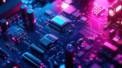 Aufkleber - Close-up of a Circuit Board with Blue and Pink Neon Lighting