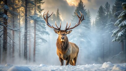 Majestic elk with impressive rack of antlers standing proudly in a serene, snow-covered forest, with misty fog rolling in behind its statuesque figure.