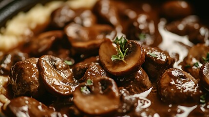 Wall Mural - A close-up of savory beef and mushrooms in a rich sauce, served over a bed of creamy mashed potatoes.