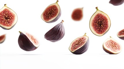 Wall Mural - Floating figs in various stages of cut, showcasing their rich interior and vibrant colors.