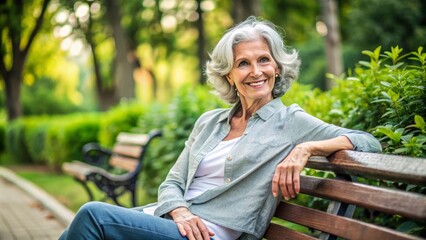 Mature adult with gentle smile and wispy gray hair, sitting comfortably on a park bench, surrounded by lush greenery, conveying serenity and contentment.