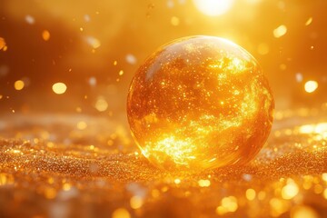 gleaming golden sphere surrounded by swirling confetti suspended in bright yellow void 3d render