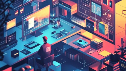 Poster - A Man Working at a Desk in a Futuristic Digital Environment