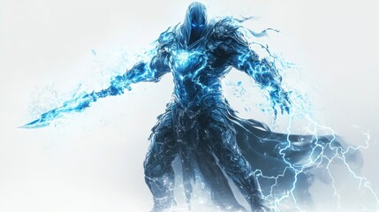 Magical thunder warrior with lightninginfused weaponry, ethereal electric aura, studio lighting, seamless white background,