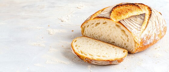 A closeup of a freshly baked loaf of sourdough bread, with a golden crust and airy texture, sliced and ready to eat Probiotic-rich diet concept.