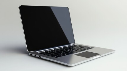 Poster - A silver laptop with a black screen and keyboard on a white surface