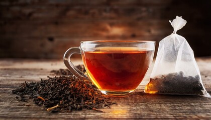 Wall Mural - Glass transparent cup of black tea and dry tea in bags on the background of scattered tea leaves on the old wooden background, selective focus
