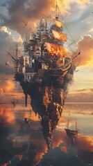 Wall Mural - Floating City with Sailboat at Sunset.