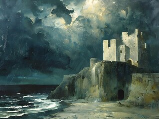 Canvas Print - Moonlight Castle on the Coast.