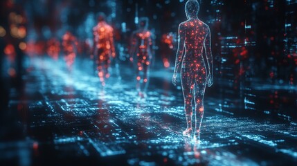 Poster - A holographic interface projects human figures within a futuristic digital landscape, highlighting health data and biostatistics in real-time.