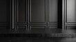 © Caterpillar - Black tabletop on classic wall panels background for product presentation. Empty marble dark countertop for luxury cosmetics advertisement design.