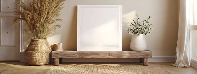 Fototapete - Mockup frame leaning against a reclaimed wood console in a neutral toned farmhouse living room interior  The simple white painted frame is displayed against a natural jute area rug for a cozy minimal