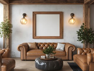 Mockup frame positioned in a cozy farmhouse inspired living room with vintage wooden beams overstuffed leather furniture and warm lighting creating a inviting serene atmosphere