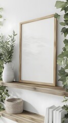 Fototapete - Mockup frame positioned on reclaimed wood shelving in a bright airy farmhouse style living room with white walls lush greenery accents and a clean Scandinavian inspired interior design