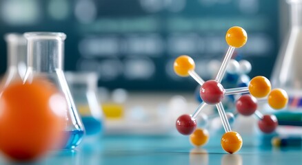 Close up of Colorful Molecular Models on Classroom Table with Science Equipment